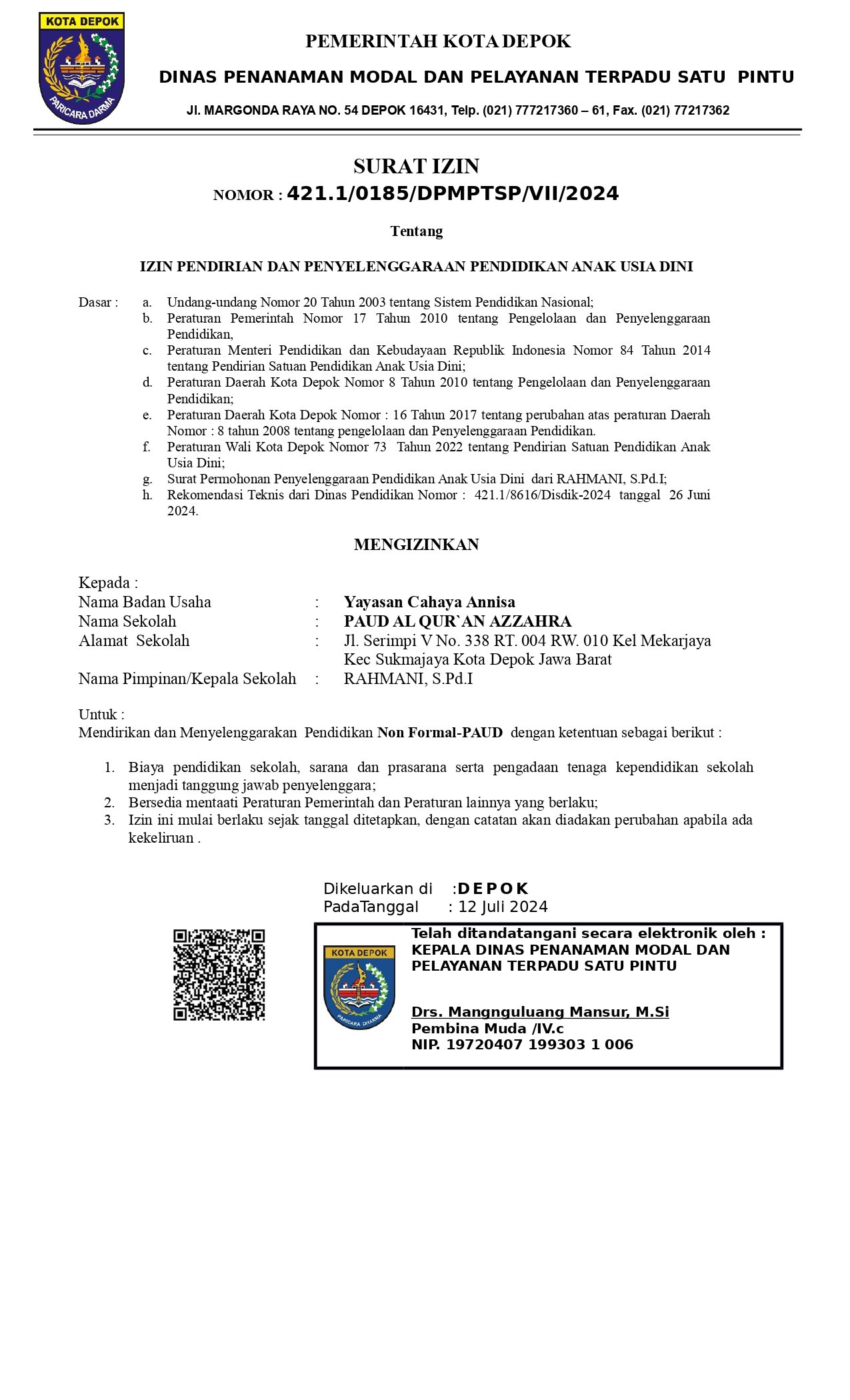 Surat izin resmi PAUD Al Qur'an Azzahra